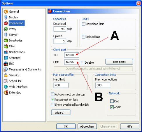 Schermata storica della guida ufficiale eMule: A indica TCP, B UDP. I numeri sono esempi; leggi quelli del tuo client. Non è una schermata di Windows 11 né un nostro test della versione 0.72a.